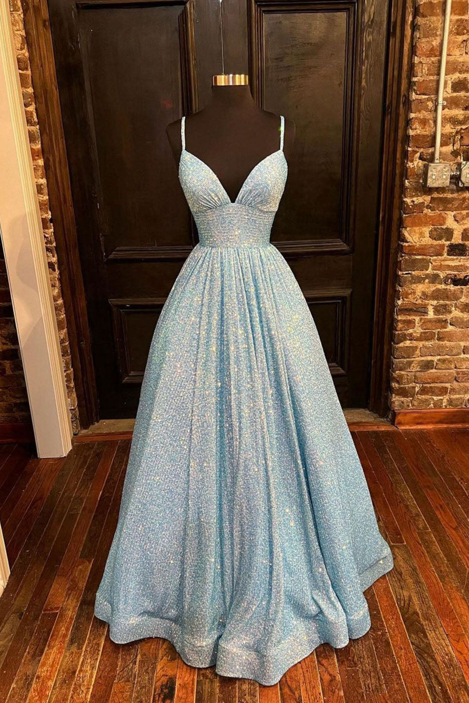 Blue A-Line V-Neck Simple Sequin Formal Evening Dresses Long Prom Dres Blue A-Line V-Neck Simple Sequin Formal Evening Dresses Long Prom Dres