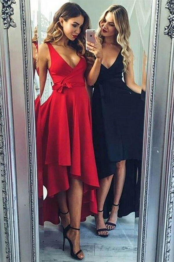 Ombreprom Homecoming Dress Elegant V Neck Satin High Low with Bowknot Ombreprom Homecoming Dress Elegant V Neck Satin High Low with Bowknot