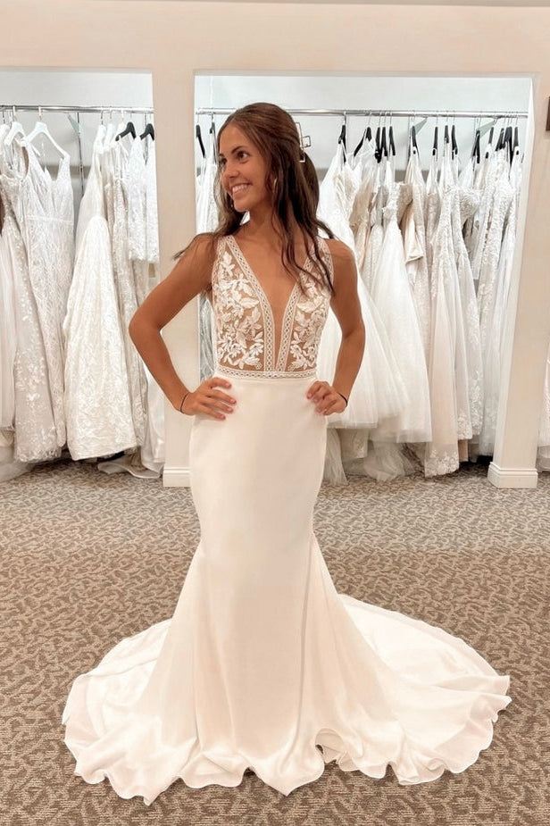 satin v neck mermaid wedding dress Simple Satin Mermaid V Neck Backless Wedding Dresses PW286