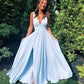 Simple Front Split Light Blue V-neck Elegant Long Prom Dresses