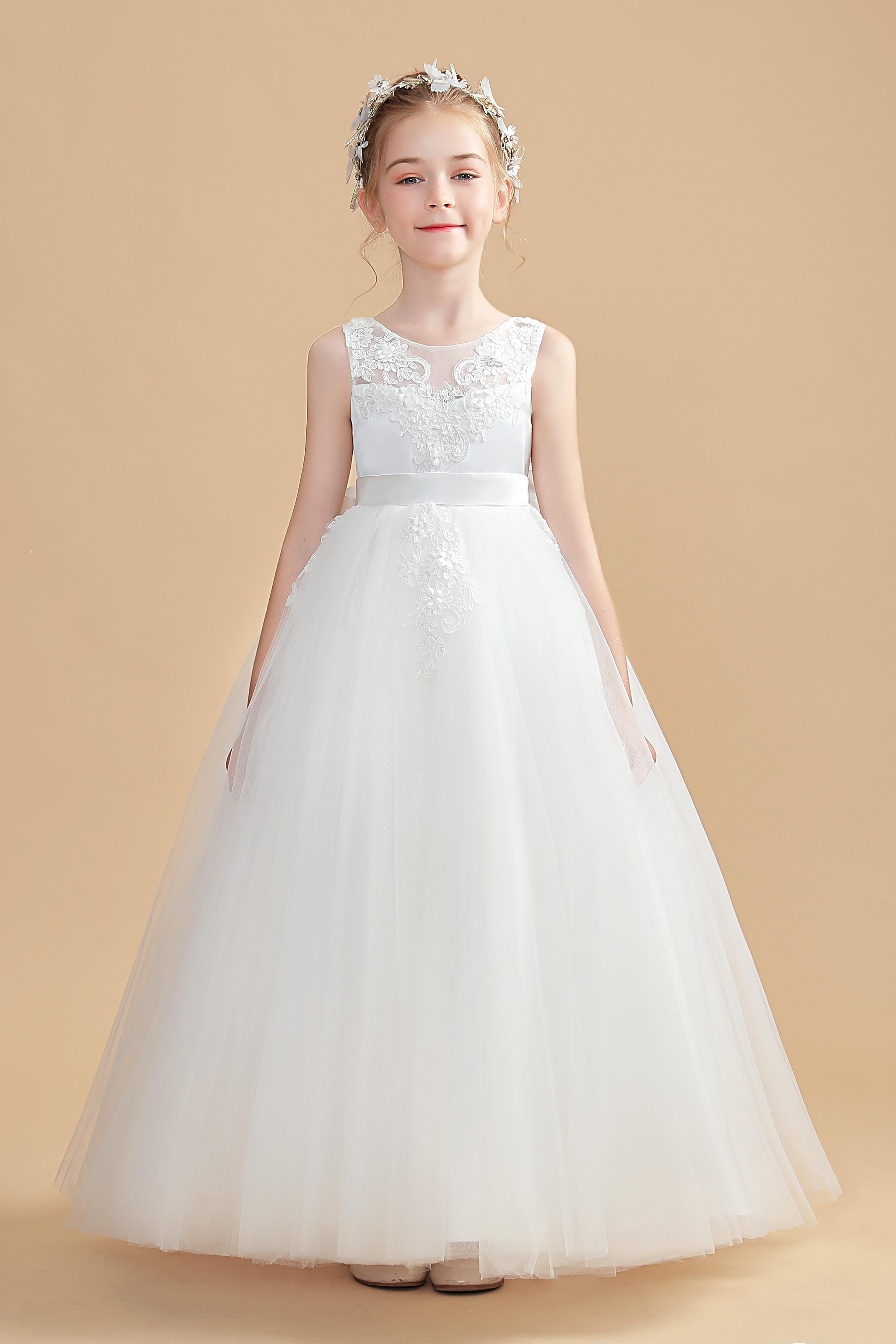 Tulle Sleeveless Ivory Flower Girl Dresses With Bowknot Tulle Sleeveless Ivory Flower Girl Dresses With Bowknot