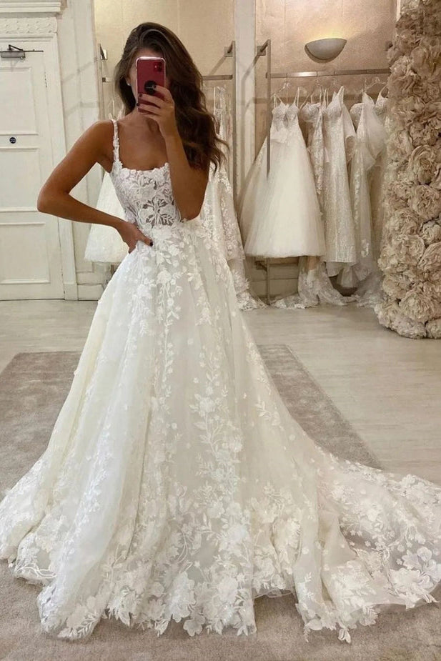 Charming A Line Scoop Neck Tulle Wedding Dresses with Appliques Custom Color Charming A Line Scoop Neck Tulle Wedding Dresses with Appliques Custom Color