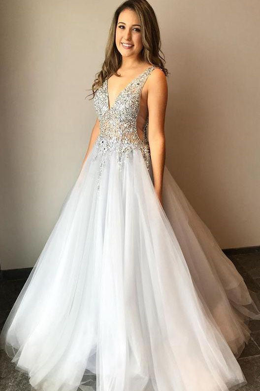 V-neck Beaded Tulle Formal Party Dresses A Line Gray Long Prom Dresses V-neck Beaded Tulle Formal Party Dresses A Line Gray Long Prom Dresses