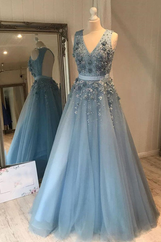 Blue Tulle Flowers Beaded Evening Dresses A Line V Neck Long Prom Dres Blue Tulle Flowers Beaded Evening Dresses A Line V Neck Long Prom Dres