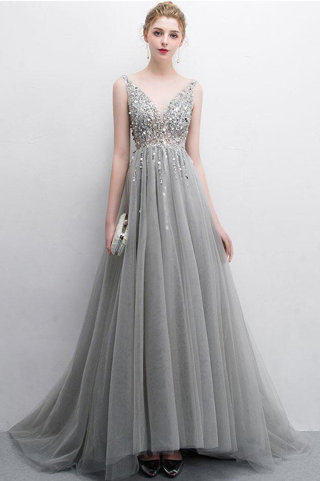 Gray A Line Tulle V Neck Sequin Long Prom Dresses Gray A Line Tulle V Neck Sequin Long Prom Dresses
