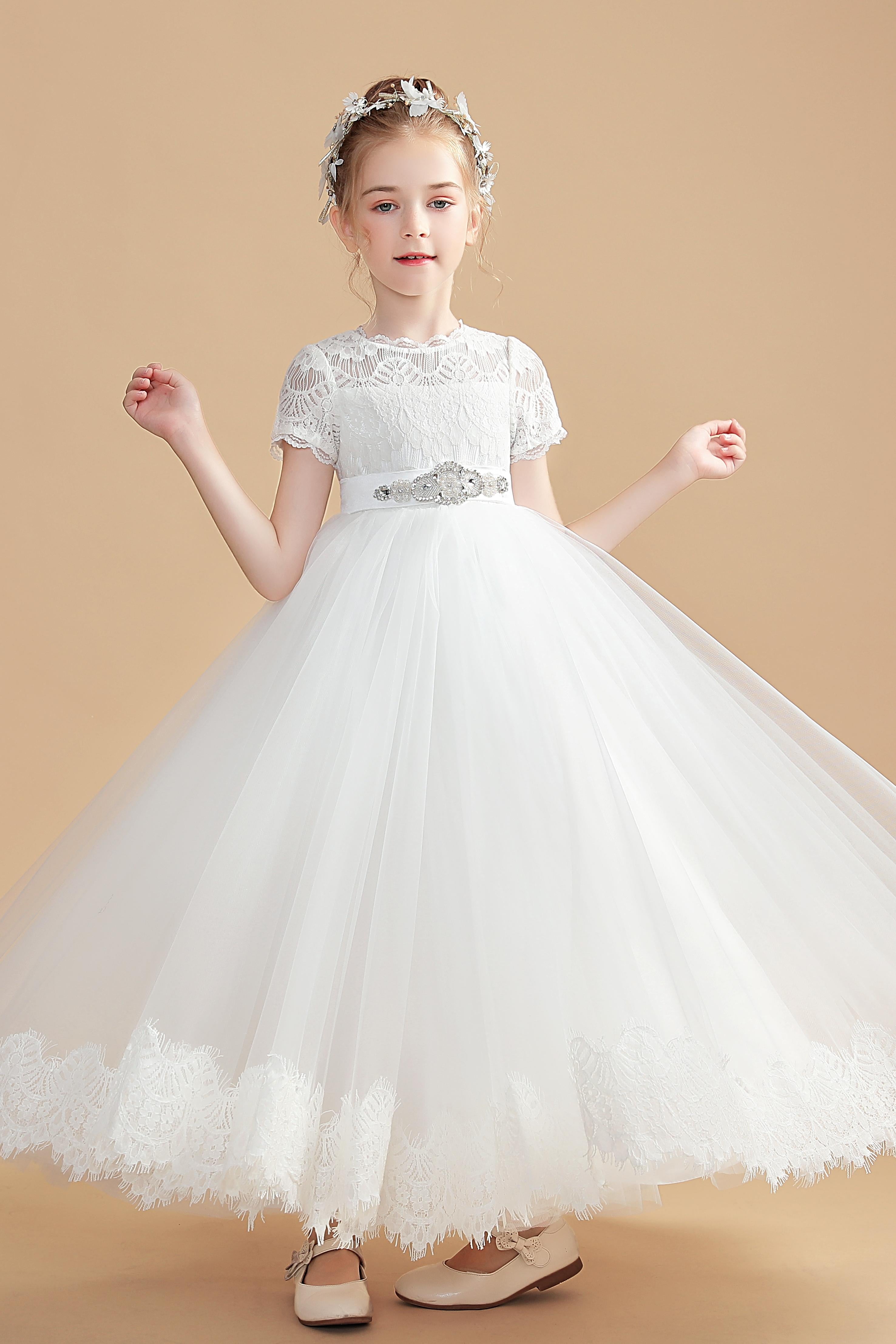 Tulle Short Sleeves Ivory Flower Girl Dresses With Beading Tulle Short Sleeves Ivory Flower Girl Dresses With Beading