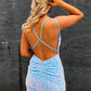 Cute Blue V Neck Spaghetti Straps Sequins Short Homecoming Dresses
