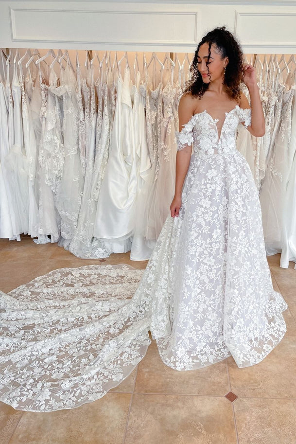 Cute A Line Sweetheart Off the Shoulder Lace Wedding Dresses Cute A Line Sweetheart Off the Shoulder Lace Wedding Dresses