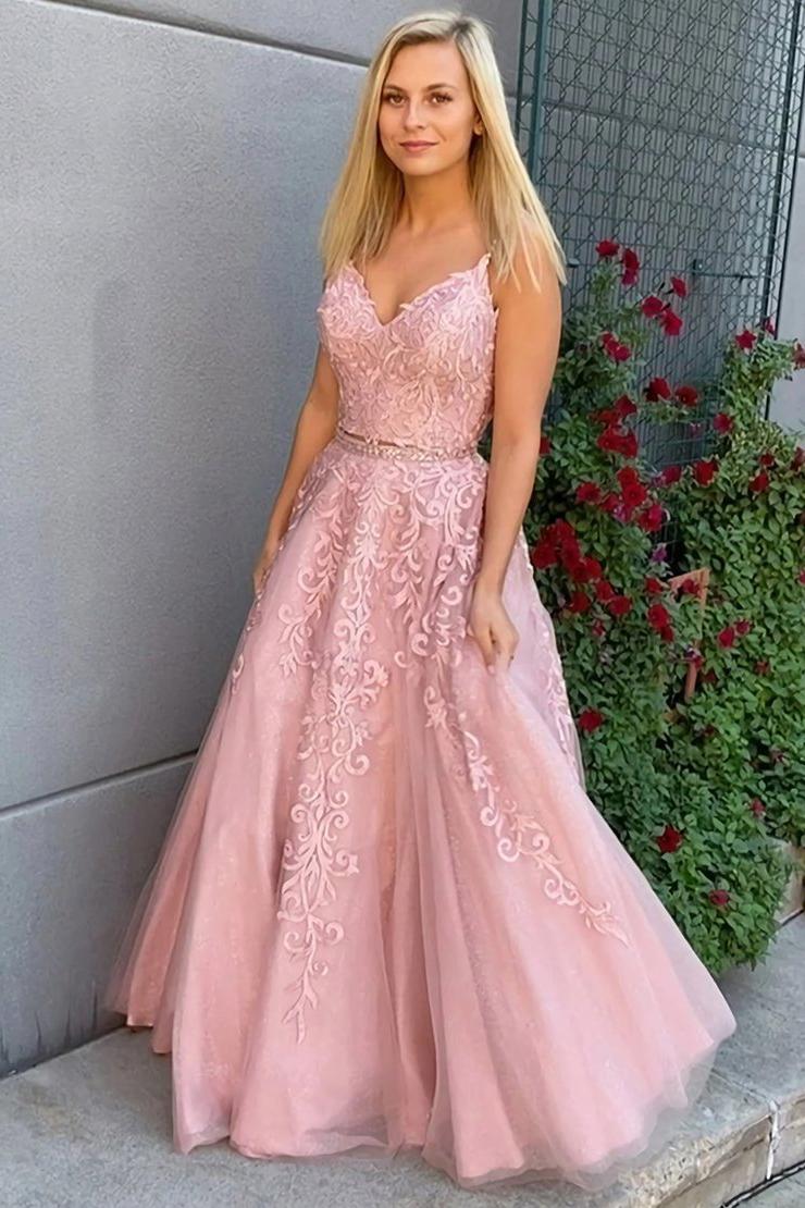 Charming Sleeveless Two Pieces Lace A Line Prom Dresses Charming Sleeveless Two Pieces Lace A Line Prom Dresses