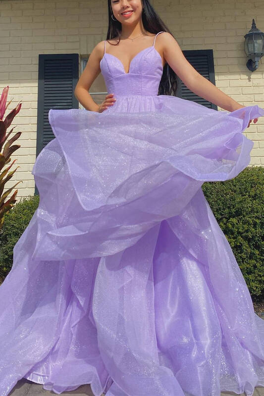Long Princess Lavender Tiered A Line Spaghetti Straps Prom Dresses Long Princess Lavender Tiered A Line Spaghetti Straps Prom Dresses