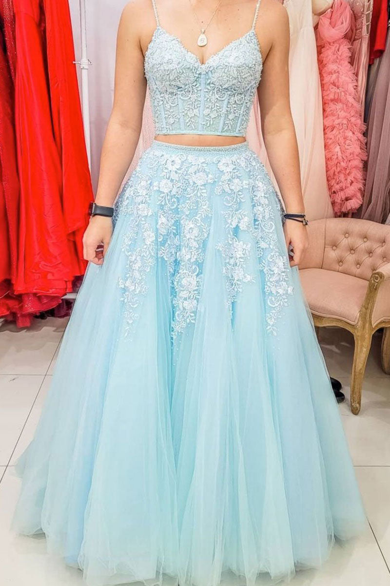 Appliques Two Pieces Light Blue Tulle Lace Formal A Line Evening Dress Appliques Two Pieces Light Blue Tulle Lace Formal A Line Evening Dress