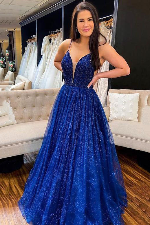 Royal Blue A-Line Lace Sparkling Pageant Dance Dresses Formal Evening
