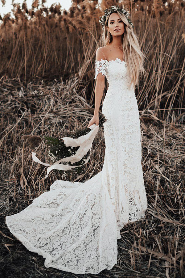 Ombreprom Vintage Wedding Dress Charming Mermaid Off-the-Shoulder Short Sleeves Lace Appliques Wedding Gown Ombreprom Vintage Wedding Dress Charming Mermaid Off-the-Shoulder Short Sleeves Lace Appliques Wedding Gown