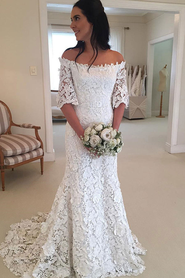 Classy Half Sleeve Off the Shoulder Lace Wedding Dress W297 - Ombreprom