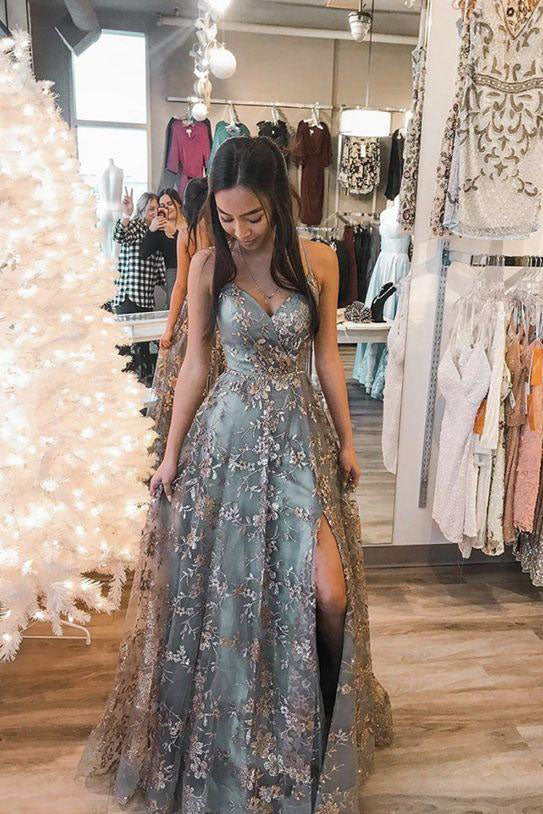 Formal Evening Dresses With Slit Elegant A-line Lace Long Prom Dresses Formal Evening Dresses With Slit Elegant A-line Lace Long Prom Dresses