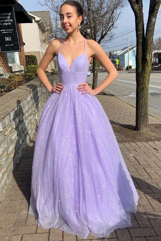 Sparkle Dresses A-Line Lilac V-Neck Formal Dresses Spaghetti Straps Long Prom Sparkle Dresses A-Line Lilac V-Neck Formal Dresses Spaghetti Straps Long Prom