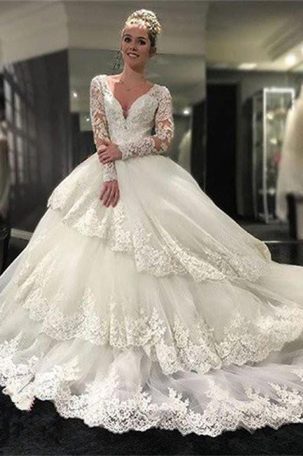 Gorgeous Deep V Neck Long Sleeves Lace Appliques Wedding Dresses Ivory