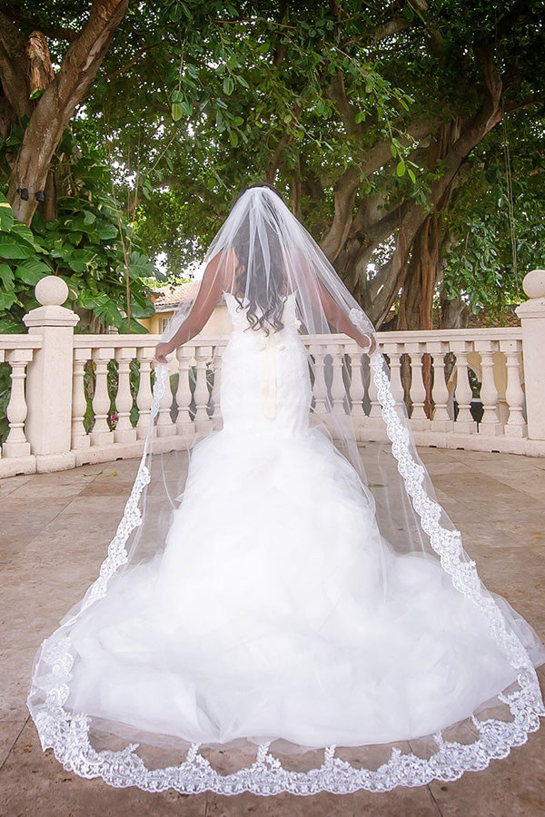 Elegant Lace Appliques Long Chapel Veils Floor Length Wedding Veils