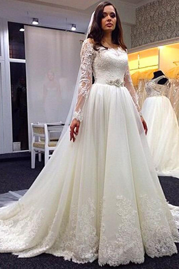 Ombreprom Wedding Dress Elegant Long Sleeves Off The Shoulder Tulle Lace Appliques Bridal Gown Ombreprom Wedding Dress Elegant Long Sleeves Off The Shoulder Tulle Lace Appliques Bridal Gown