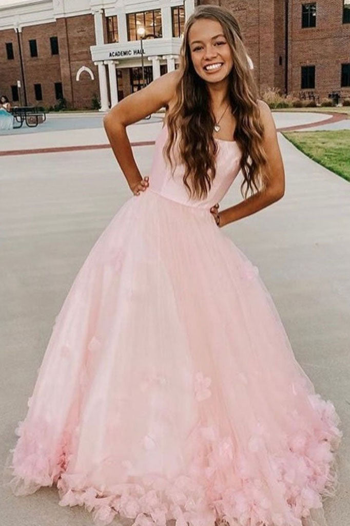 pink prom dress flowers Strapless Pink Floral Prom Dresses Flower Applique Formal Dress Evening Gowns ARD1327