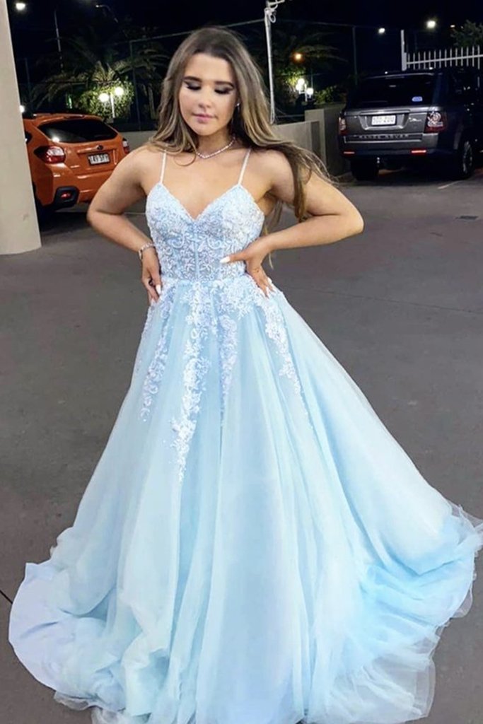 Light Blue Lace Appliques A-Line V-Neck Spaghrtti Straps Formal Evening Dresses Long Prom Dresses Light Blue Lace Appliques A-Line V-Neck Spaghrtti Straps Formal Evening Dresses Long Prom Dresses