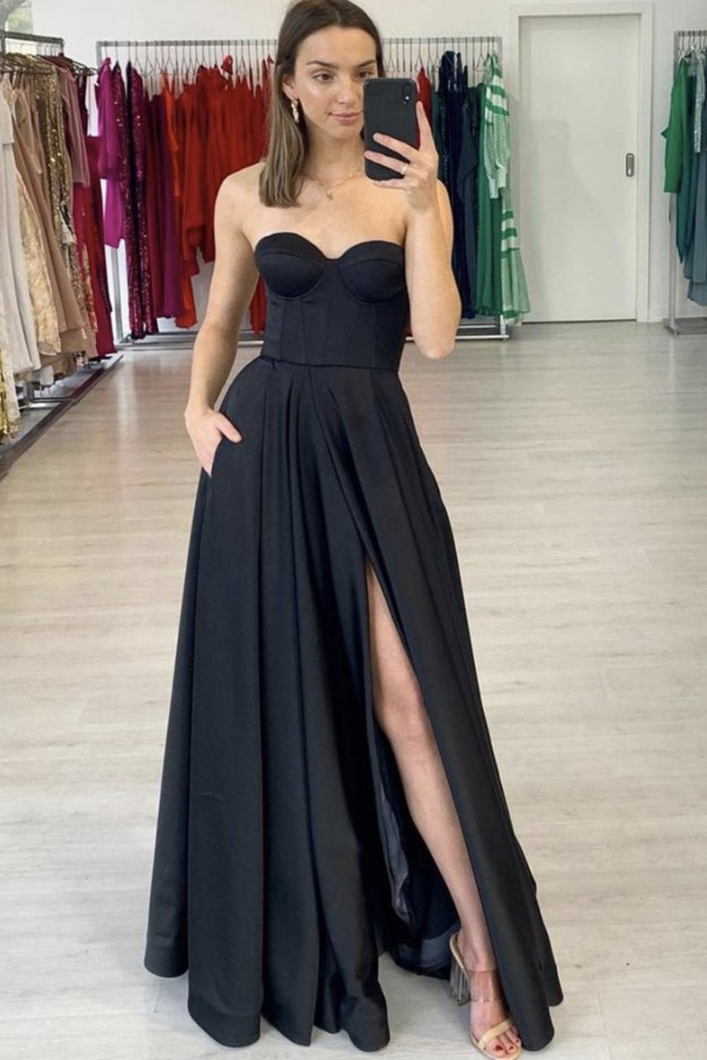 Black Satin A-Line High Slit Strapless Sweetheart Long Prom Dresses Black Satin A-Line High Slit Strapless Sweetheart Long Prom Dresses