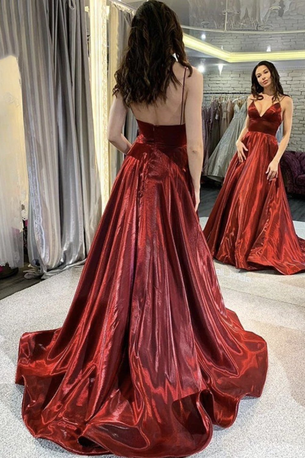 Burgundy A-Line V-Neck Satin Formal Dresses Thin Straps Evening Dresses Long Prom Dresses Burgundy A-Line V-Neck Satin Formal Dresses Thin Straps Evening Dresses Long Prom Dresses
