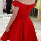 Red Off The Shoulder A Line Satin Homecoming Dresses