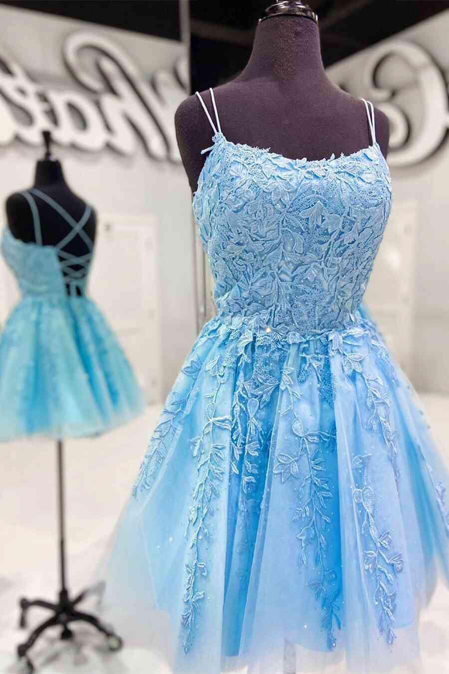 Blue A-line Spaghetti Straps Lace Short Prom Dresses, Homecoming Dresses Blue A-line Spaghetti Straps Lace Short Prom Dresses, Homecoming Dresses