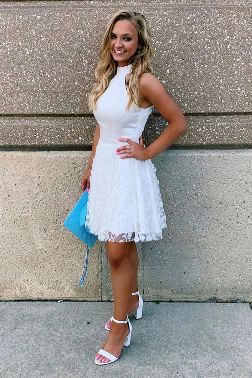 Halter White Lace Appliques Homecoming Dresses Halter White Lace Appliques Homecoming Dresses