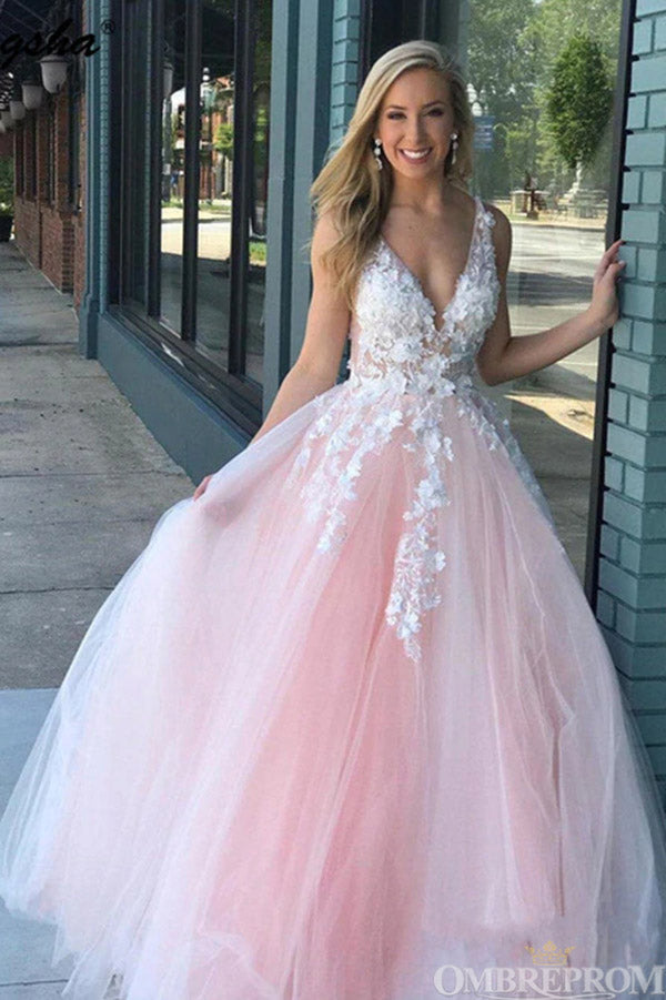 Elegant Deep V Neck Ball Gown Sleeveless Prom Dresses with Appliques Elegant Deep V Neck Ball Gown Sleeveless Prom Dresses with Appliques