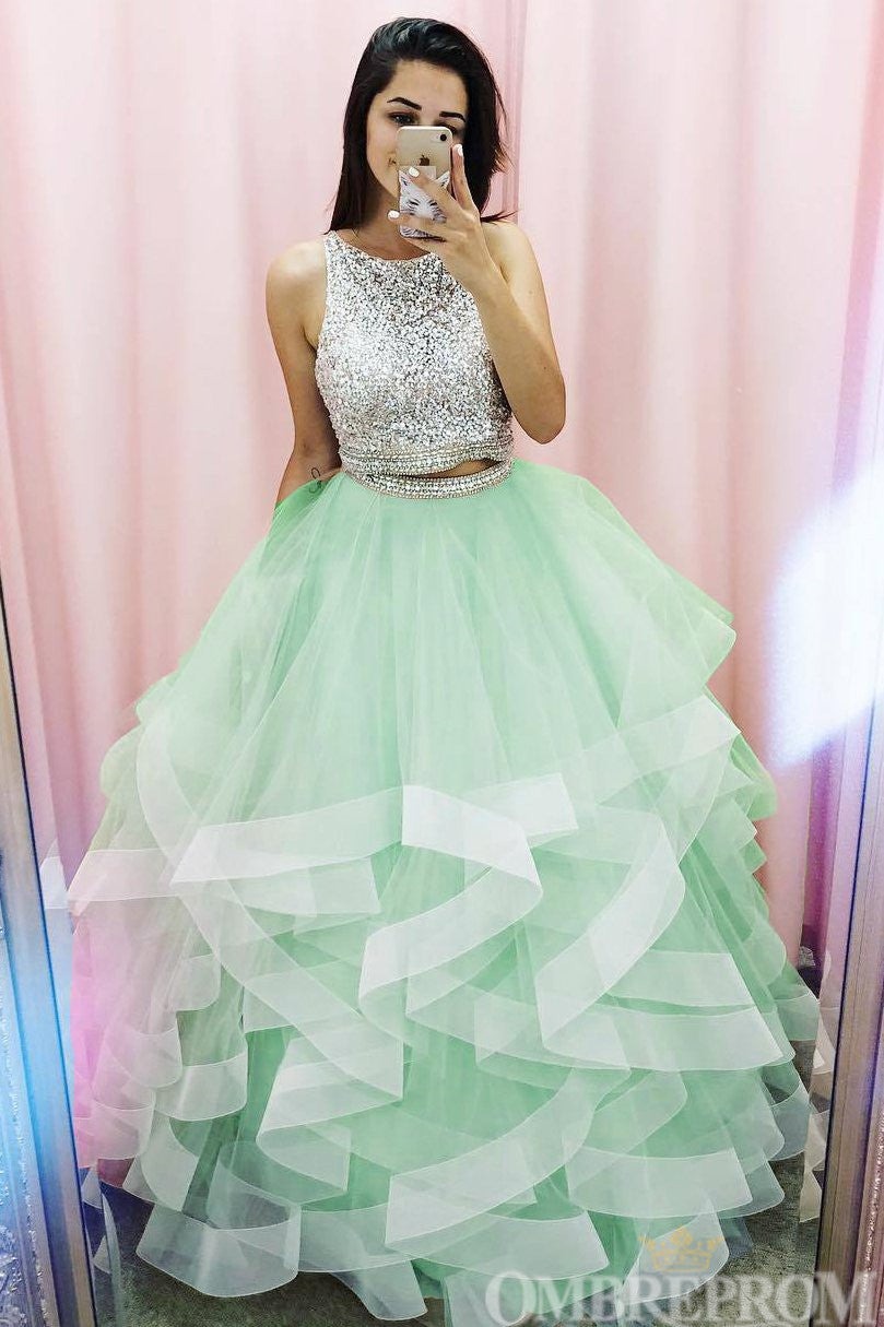 Elegant Round Neck Two Piece Prom Dresses Ruffle with Sequins Elegant Round Neck Two Piece Prom Dresses Ruffle with Sequins
