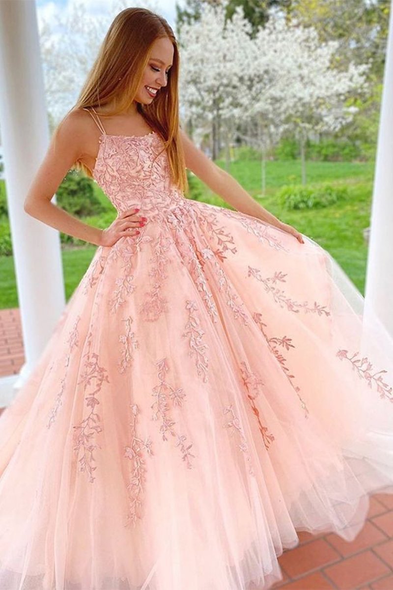 Lace Appliques Pink A LineTulle Long Prom Dresses With Straps Lace Appliques Pink A LineTulle Long Prom Dresses With Straps