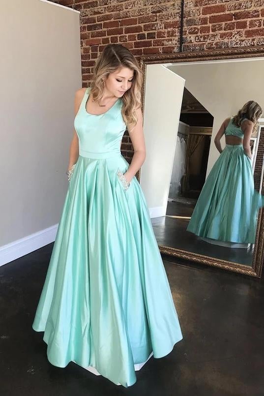 Mint Green Simple A-Line Satin Beaded Pockets Cut Back Long Prom Dresses Mint Green Simple A-Line Satin Beaded Pockets Cut Back Long Prom Dresses