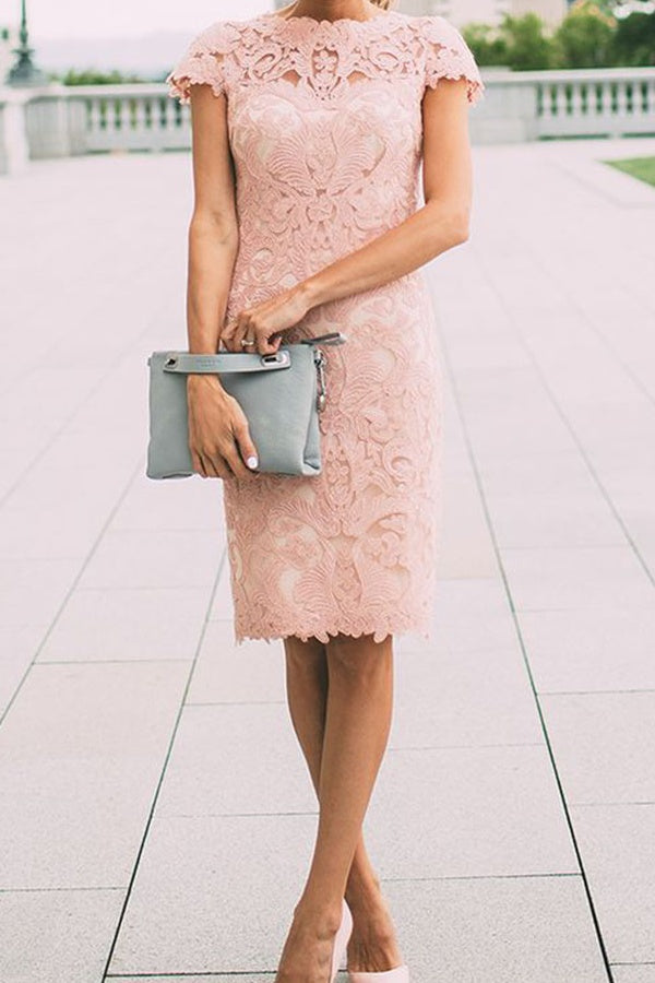 Chic Pink Cap Sleeves Lace Knee Length Short Prom Dresses Chic Pink Cap Sleeves Lace Knee Length Short Prom Dresses