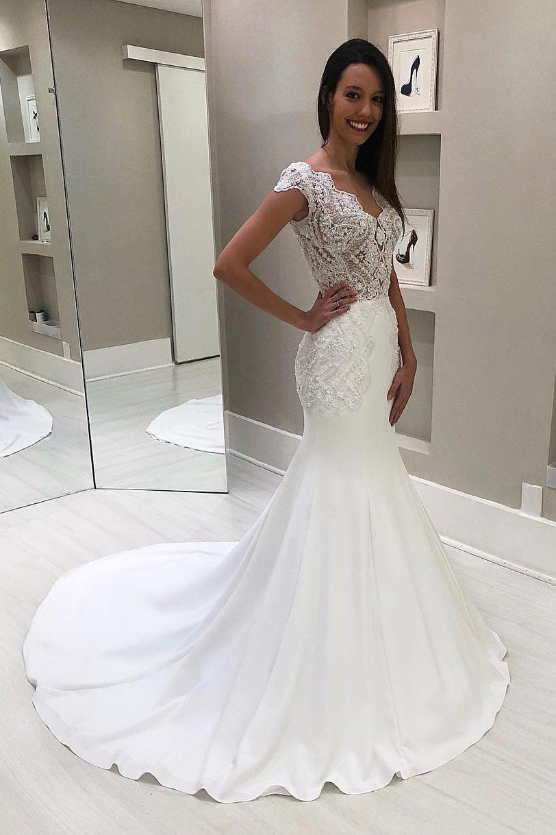 Luxury V Neck Cap Sleeves Mermaid Wedding Dresses Luxury V Neck Cap Sleeves Mermaid Wedding Dresses