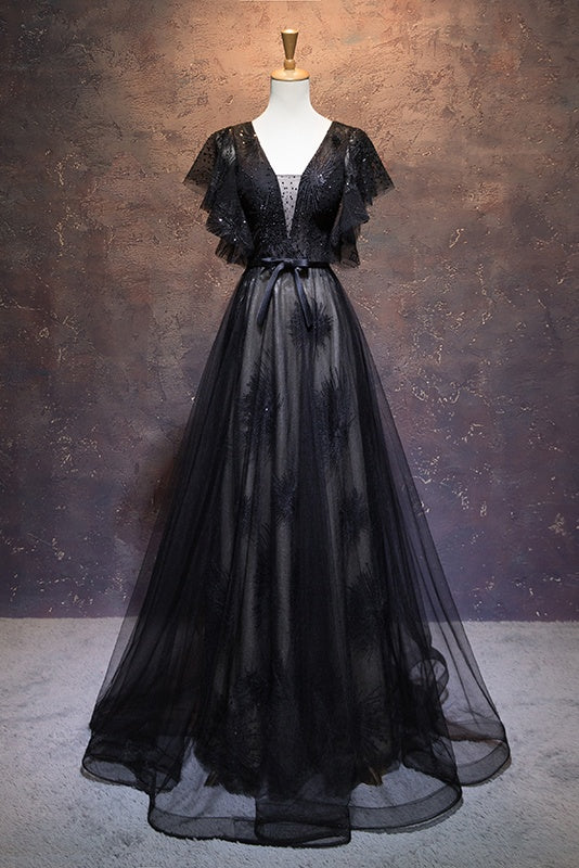 Modest Black Long A-line V-neck Black Prom Dresses Chic Party Dresses Modest Black Long A-line V-neck Black Prom Dresses Chic Party Dresses