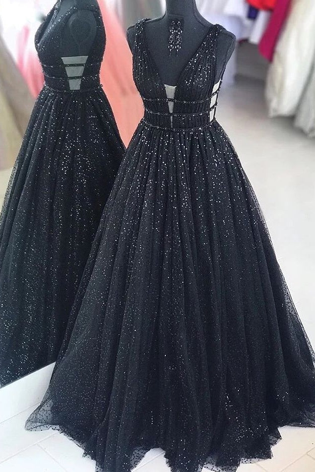 Black Sparkly V-neck For Mal Prom Dresses Pretty Princess Dresses For