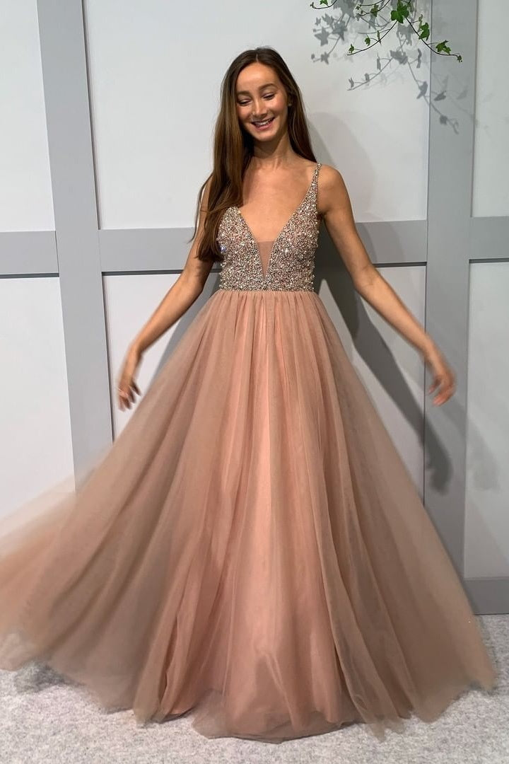Flowy V-neck Beading A-line Floor Length Long Prom Dresses Sparkly Party Dresses Flowy V-neck Beading A-line Floor Length Long Prom Dresses Sparkly Party Dresses