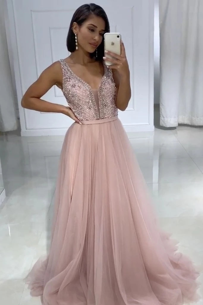Girly Light Pink V-neck Beading Tulle A-line Long Prom Dresses For Teens Girly Light Pink V-neck Beading Tulle A-line Long Prom Dresses For Teens