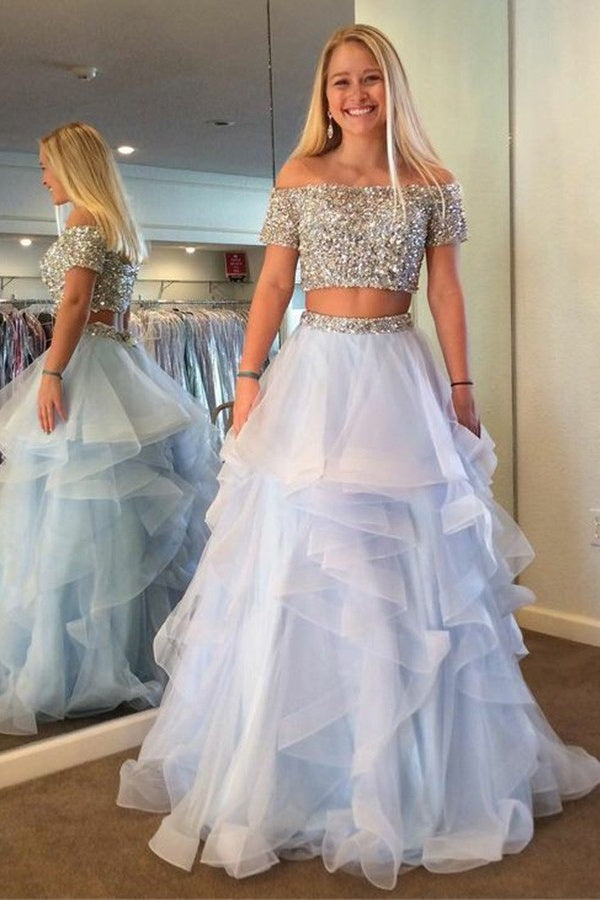 Two Pieces Beading Light Blue and Silver Princess Prom Dresses Cute Party Dresses Two Pieces Beading Light Blue and Silver Princess Prom Dresses Cute Party Dresses