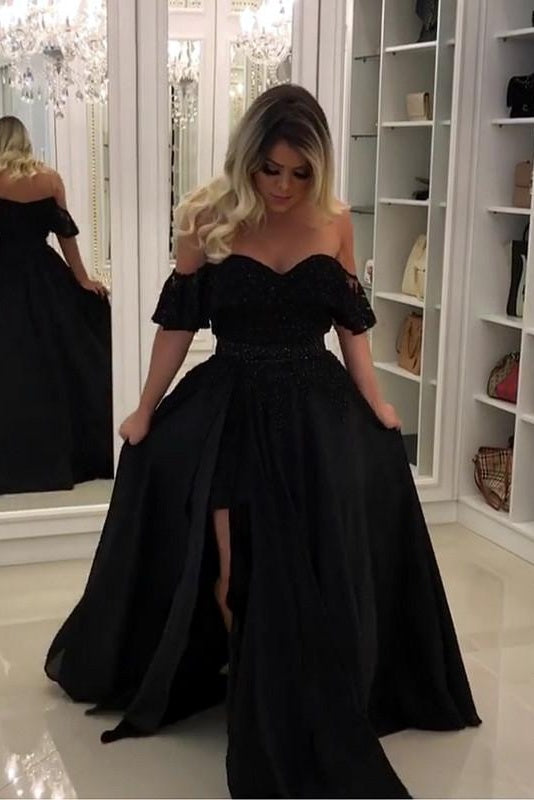 Off The Shoulder Black Long A-line Simple Prom Dresses Modest Party Dr Off The Shoulder Black Long A-line Simple Prom Dresses Modest Party Dr