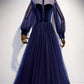 Vintage Long Simple Long Sleeves Evening Prom Dresses Open Back Blue Party Dresses