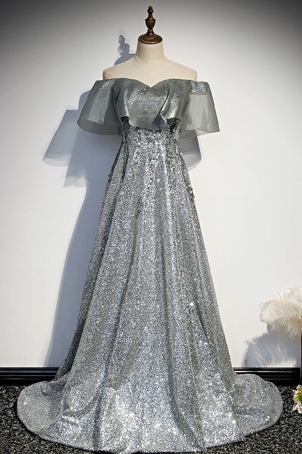Pretty Silver Off The Shoulder Long A-Line Prom Dresses for Teens Pretty Silver Off The Shoulder Long A-Line Prom Dresses for Teens