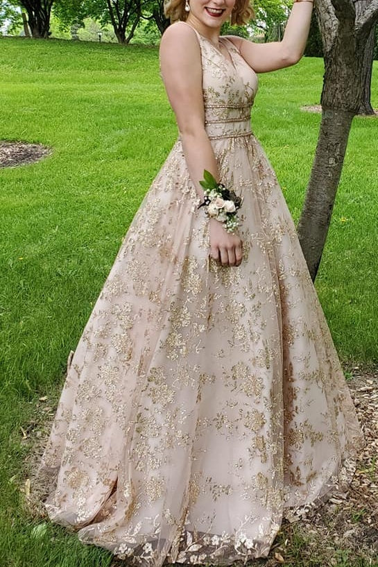 Gorgeous A-line V-neck Long Lace Princess Dresses Gold Prom Dresses Gorgeous A-line V-neck Long Lace Princess Dresses Gold Prom Dresses