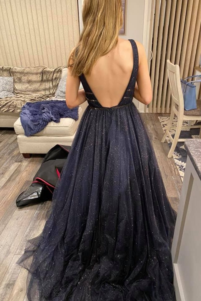 Backless Deep V-Neck Glitter Long A-Line Zipper Back Prom Dresses Backless Deep V-Neck Glitter Long A-Line Zipper Back Prom Dresses