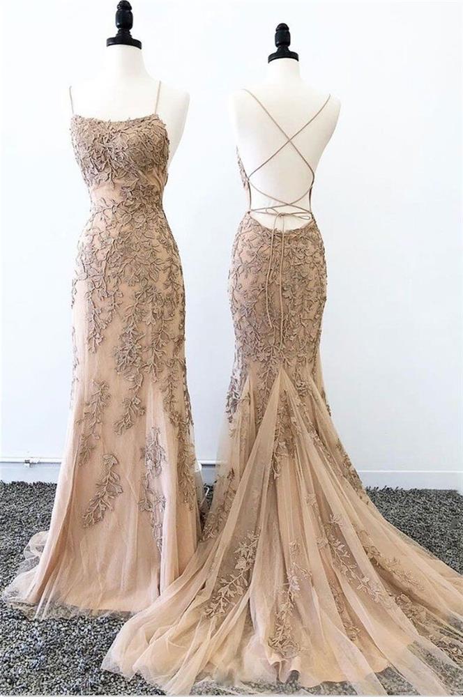 Pretty Spaghetti Straps Long Mermaid Backless Lace Elegant Prom Dresses