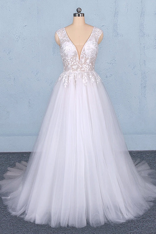 Ombreprom Wedding Dress Flowy A-line Long V-neck Lace Tulle Beach Bridal Gown Ombreprom Wedding Dress Flowy A-line Long V-neck Lace Tulle Beach Bridal Gown