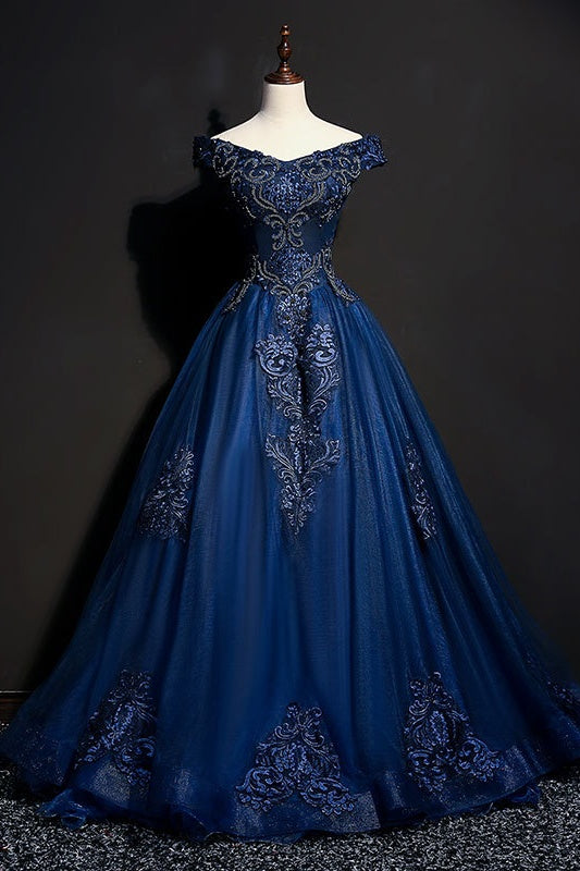 Off The Shoulder Lace Up Floor Length Princess Prom Dresses With Lace Appliques Off The Shoulder Lace Up Floor Length Princess Prom Dresses With Lace Appliques