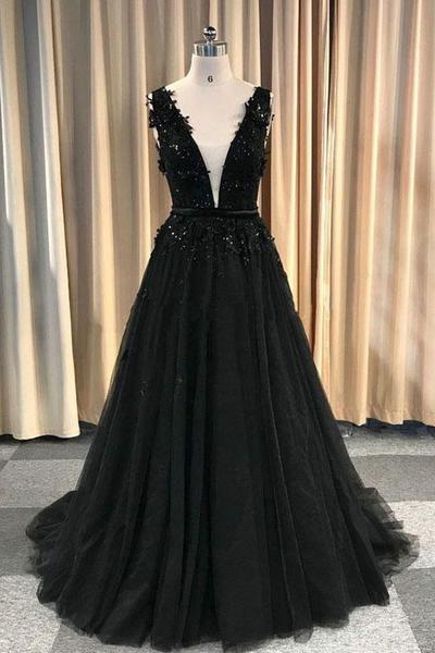 Formal Deep V-neck Long Black Party Prom Dresses With Lace Appliques Formal Deep V-neck Long Black Party Prom Dresses With Lace Appliques